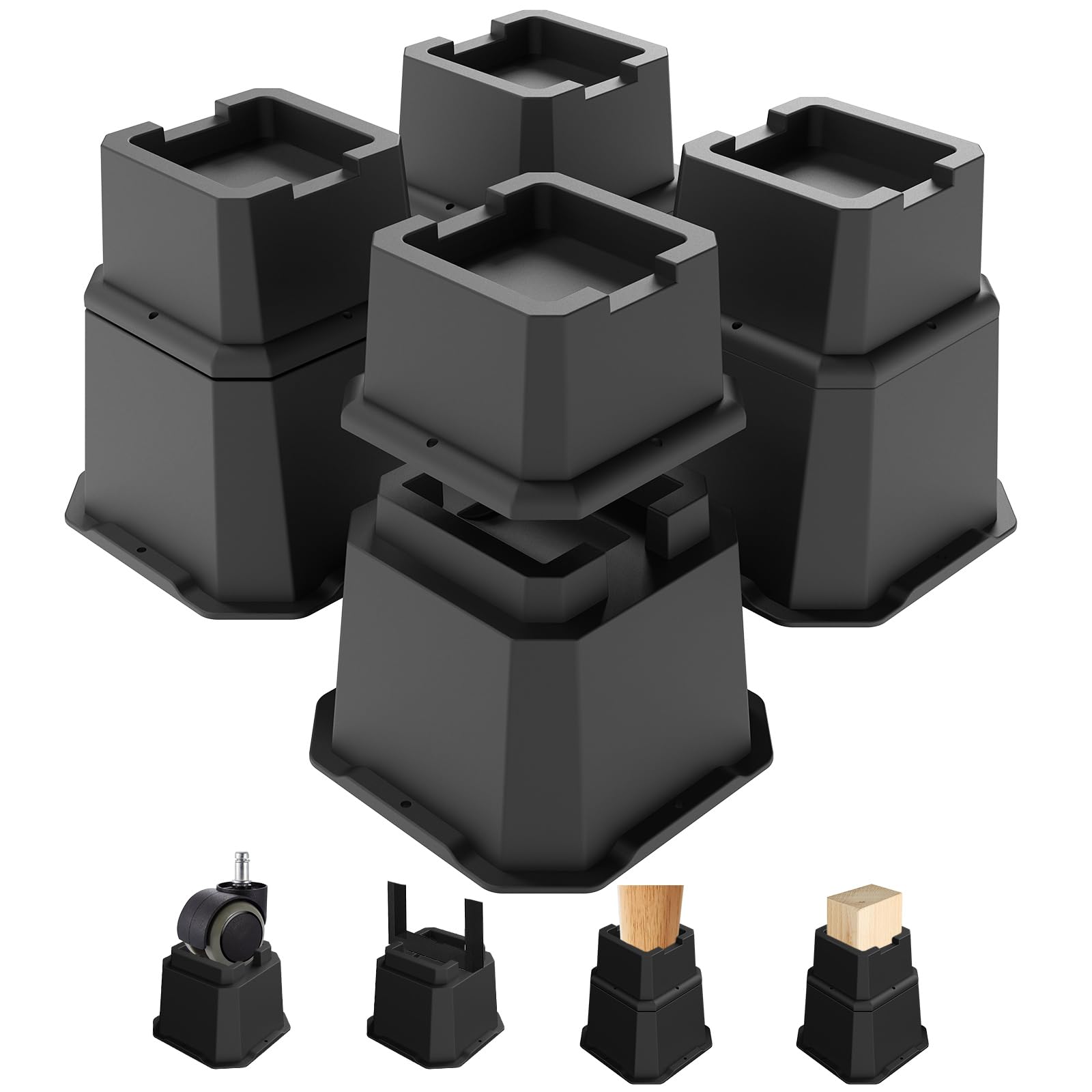 MYMULIKE 8 Piece Bed Risers 2, 4 or 6 inch Heavy Duty Furniture Risers, Up to 6,000 lbs, Stackable Furniture Frame Lift for Leg with Wheels, Bed Table, Sofas, Desk, Cabinet (Black 8 Pack, 2+4 inch)