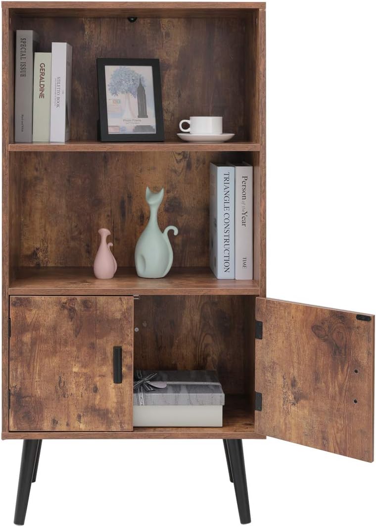 Homfa 4 Tier Floor Cabinet White And Wood Grain Side Corner Storage Cabinet Decor Furniture For Home Office Free Standing Display Bookshelf With 4 Legs And 1 Door Office Furniture Accessories