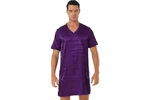 Hularka Men's Silk Satin Nightshirt Nightgown Short Sleeve V-neck Casual Nightwear Top Shirt Sleepwear