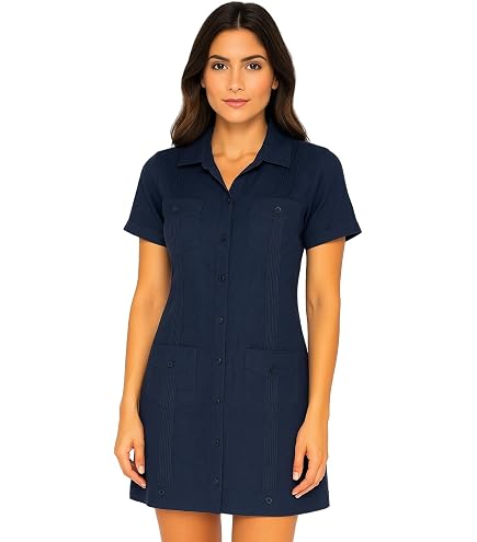 linen guayabera dress Casual Tropical Wear Ladies 100% Soft Traditional 4-Pocket Dress, Off-Shoulder, Above-Knee Length Resort Wear (US, Alpha, Medium, Regular, Regular, LT. Blue) at Amazon Women's Clothing store Cute Semi Formal Dress WD PLP Size:USA 8 (M)/40 in.(102 cm)Garment Chest Lightweight Linen