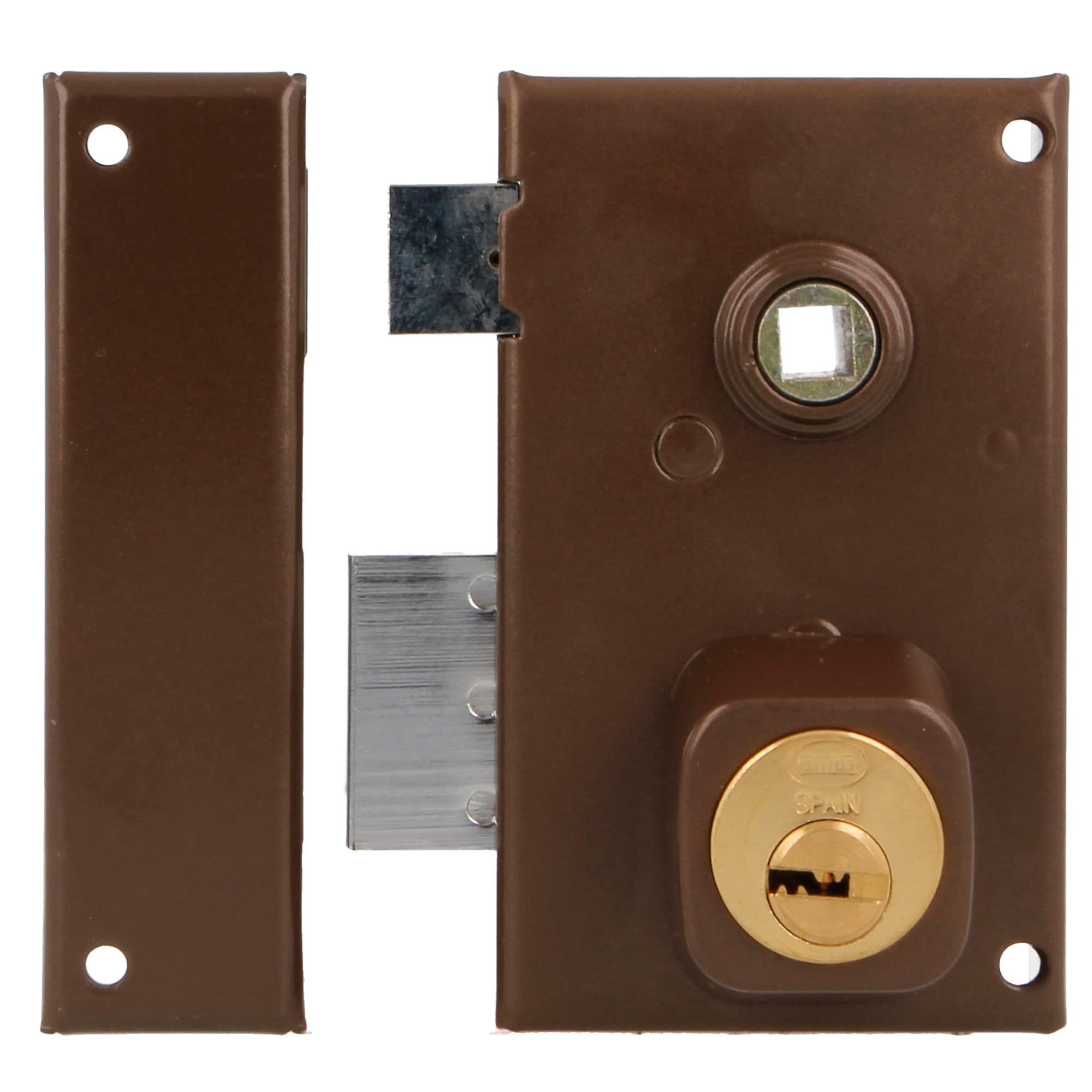 Amig - Left Overlap Lock with Lock Lever, Tongue and Square for Wooden Doors Mod. 75N | 67 x 112 mm | Round Security Cylinder | Brown Steel