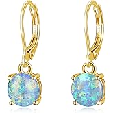 CiNily Round-Cut Opal Dangle Earrings, Green Fire Opal Rhodium Plated Women Jewelry Leverback Gemstone Drop Earrings