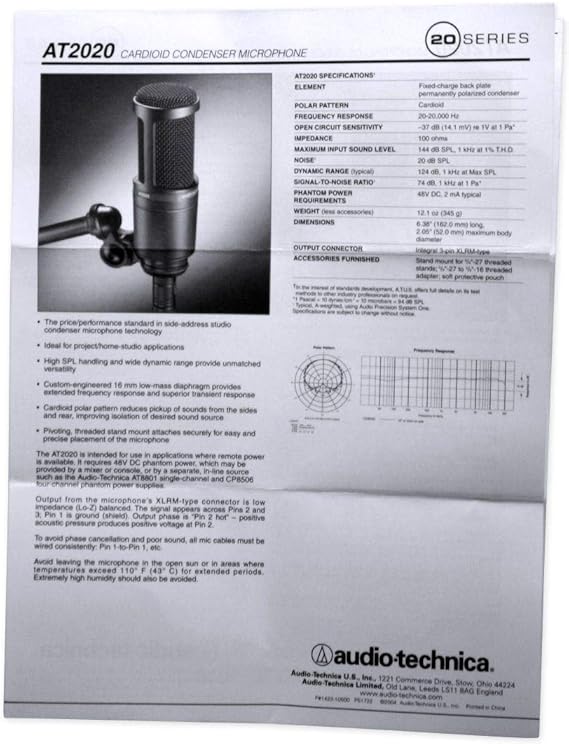 Amazon Com Audio Technica At2020 Studio Microphone Cardioid Condenser Mic Headphones Musical Instruments