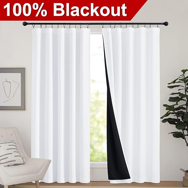 NICETOWN 100% BLACKOUT CURTAIN PANELS, ROD POCKET WINDOW CURTAINS WITH BLACK LINER FOR NURSERY, 84 INCHES DROP COLD AND FULL LIGHT BLOCKING DRAPERIES (WHITE, 2 PIECES, 62 INCHES WIDE EACH PANEL)