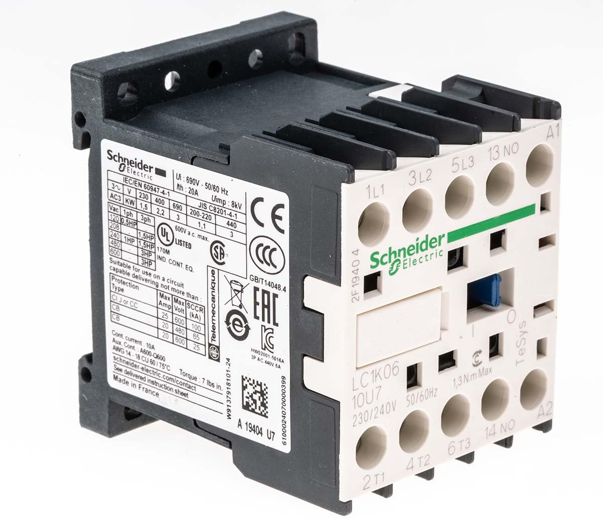 Schneider Electric TeSys K Contactor, 230 V ac Coil, 3-Pole, 6 A, 2.2 kW 240 V, 3 NO, 690V ac