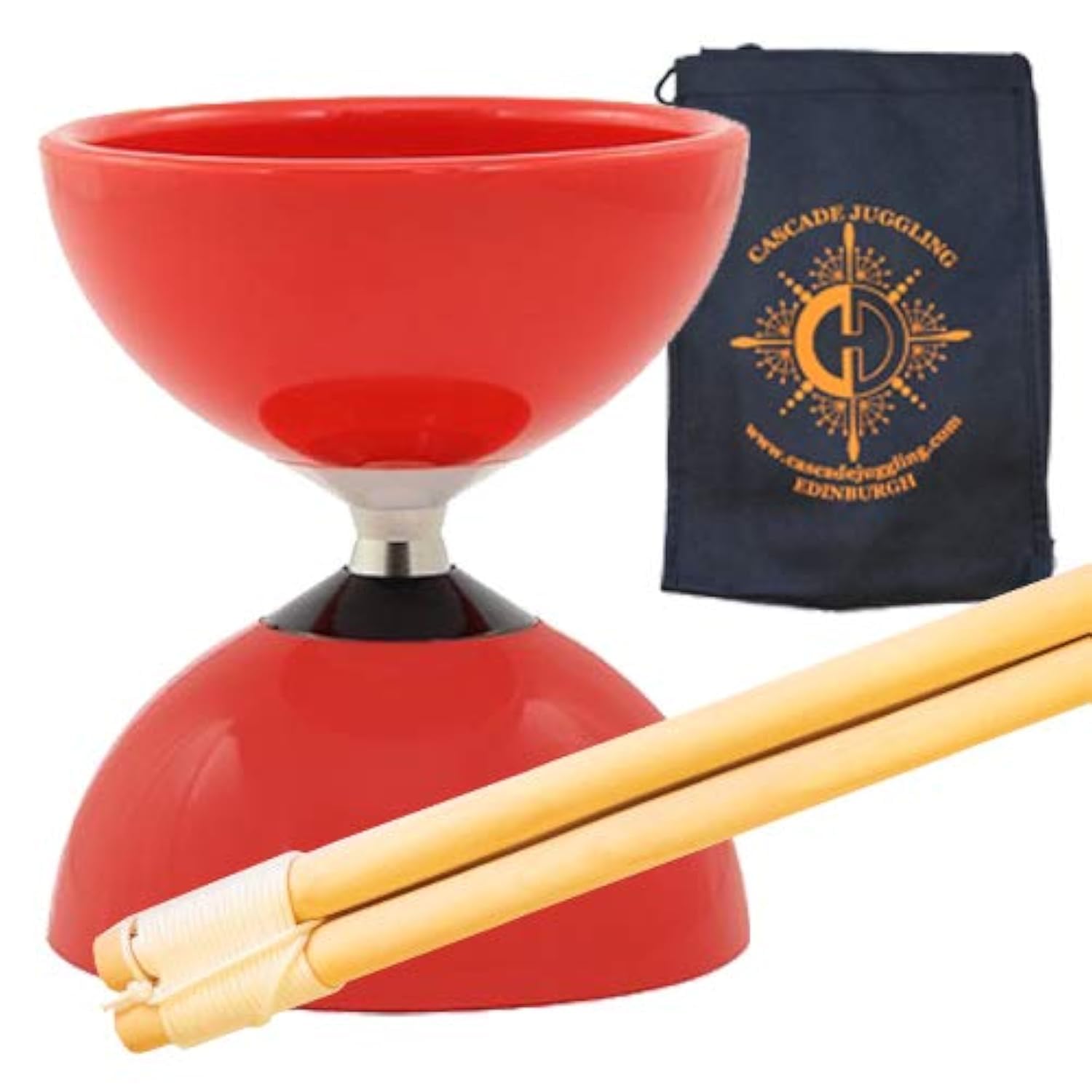 Carousel Bearing Diabolo Set - Kids, Fast Bearing Diablo with Wood Sticks, Pro String and Cascade Juggling Bag (Red)