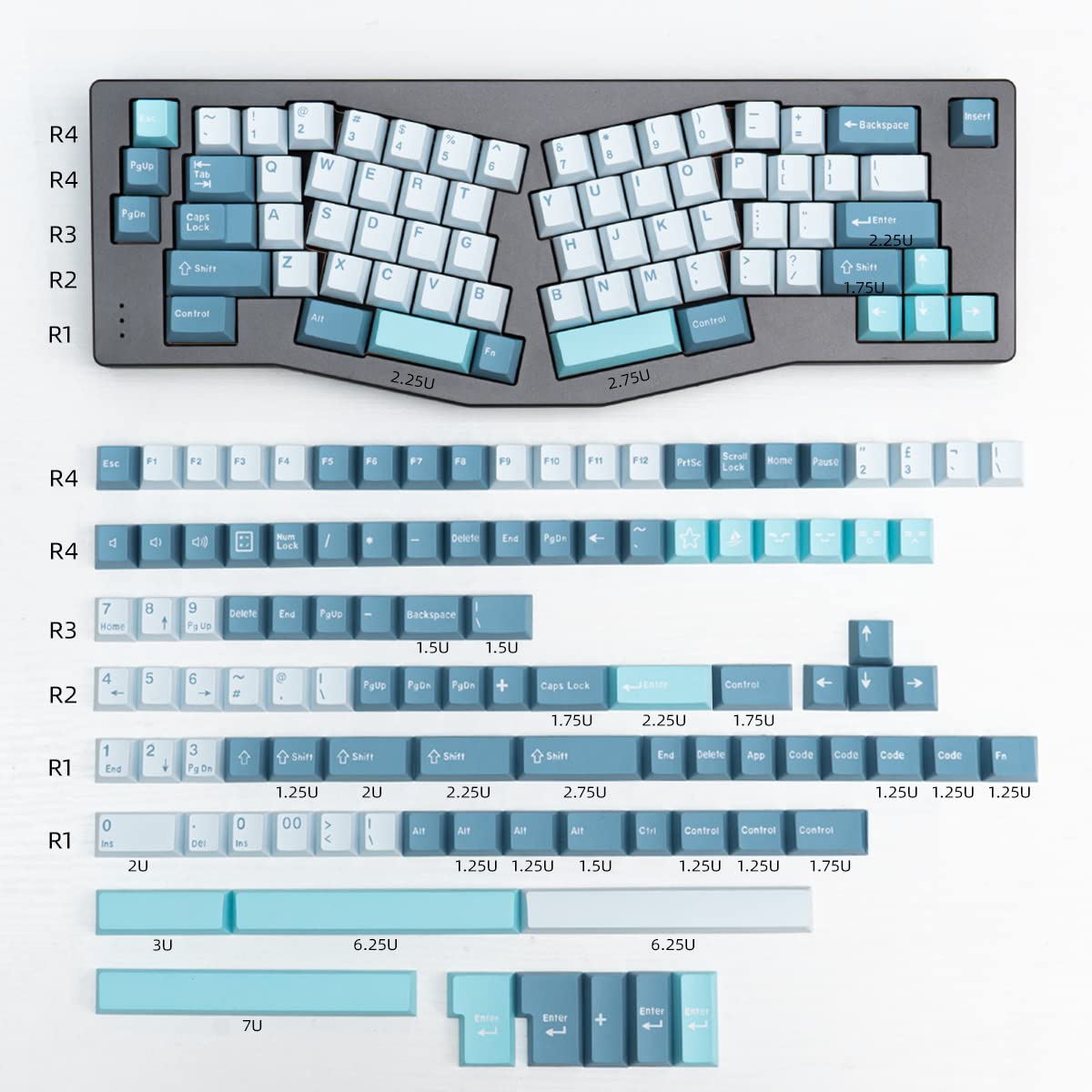 Shoko Mintcaps 173-Key Cherry Profile Doubleshot Blue Keycaps - Full Set for 60% to 100% Mechanical Keyboards