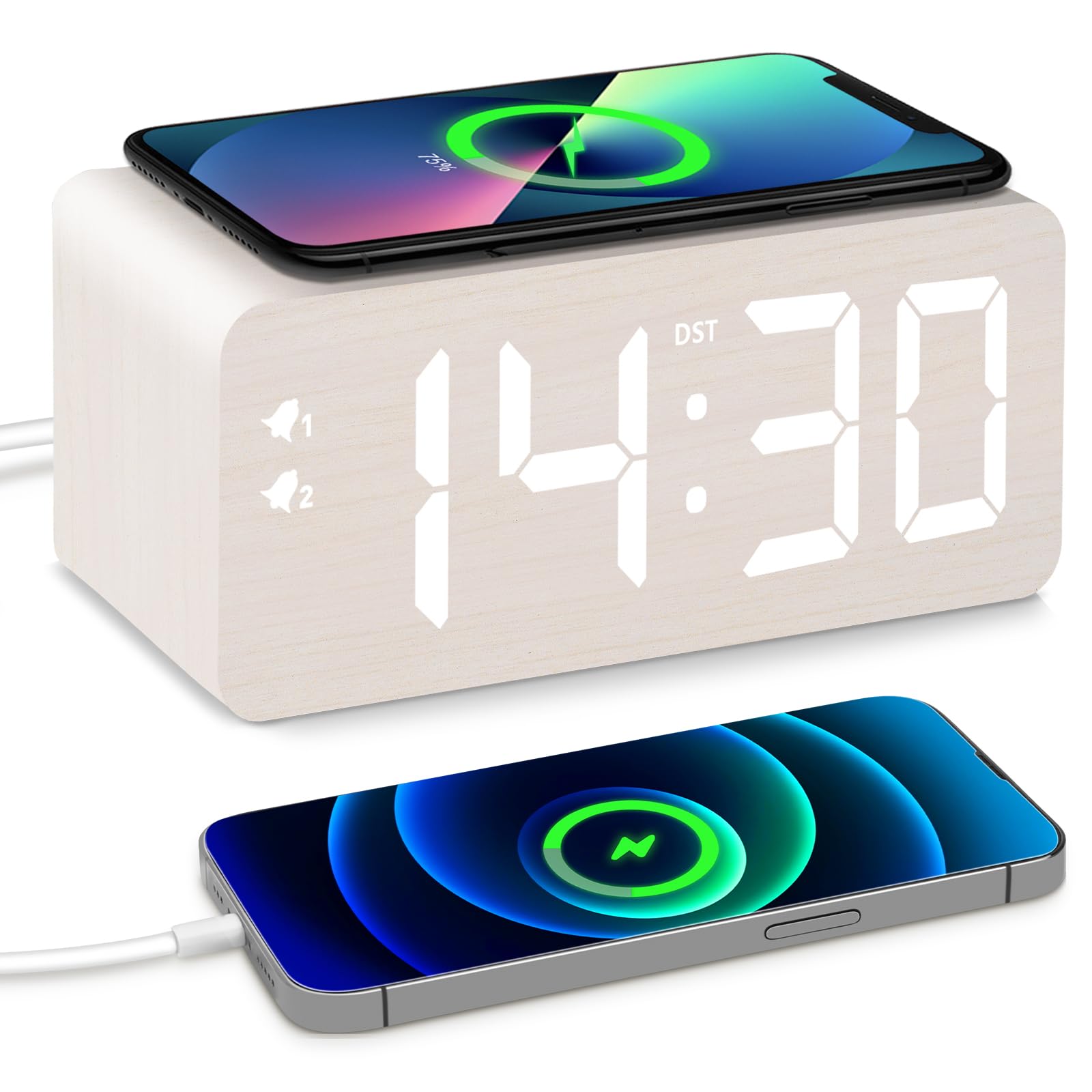 Photo 1 of URAYCO Wooden Digital Alarm Clock, 10W Fast Wireless Charger Station & 2 USB Charging Ports, with 0~99% Dimmer, Dual Alarm, Weekday/Weekend Mode, Wood LED Clock for Bedroom, Desk, Office