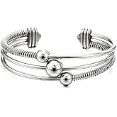 COOLSTEELANDBEYOND Three-Row Women's Stainless Steel Adjustable Open Cuff Bangle Bracelet with Cable and Ball Charms
