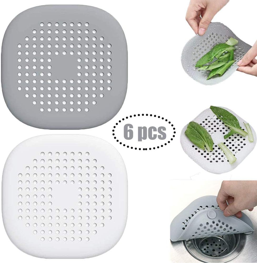 Drain Hair Catcher, BAYMERY Water Trap Cover, Sink Drain Hair Stopper, Silicone Sink Stopper for Bathroom Bathtub and Kitchen (6, White+Grey)