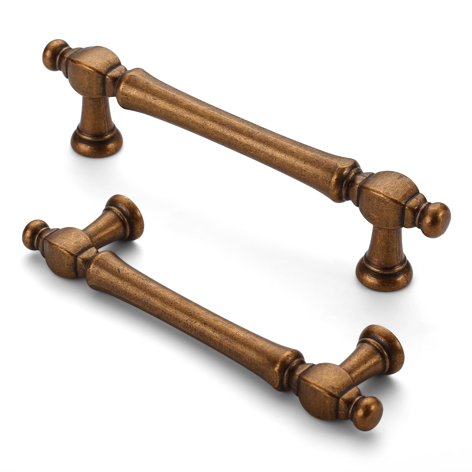 Furniware Vintage Cabinet Handles - Pack of 10, 3.8 Inch Centers - Antique Brass Pulls and Door Handles