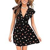 CUPSHE Women's Summer Dresses Floral Plunging V Neck Ruffle Sleeves A Line Smocked Mini Dress