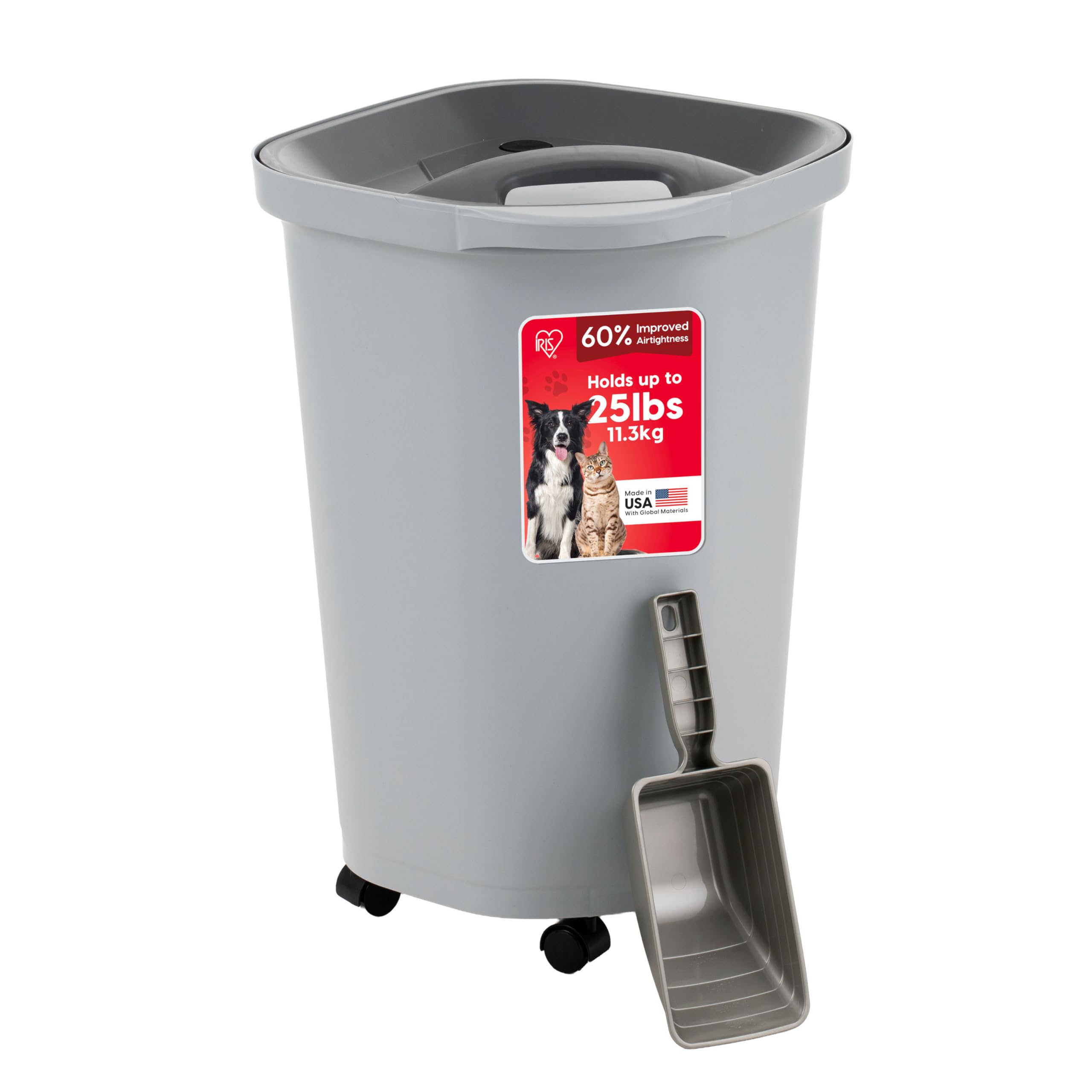 IRIS USA Pet Food Storage Container 25 lbs, Premium 60% Improved Airtight Seal with Air Valve, 2 Cup Scoop, Removable Wheels, Easy to Open - Made in the USA, Gray Image