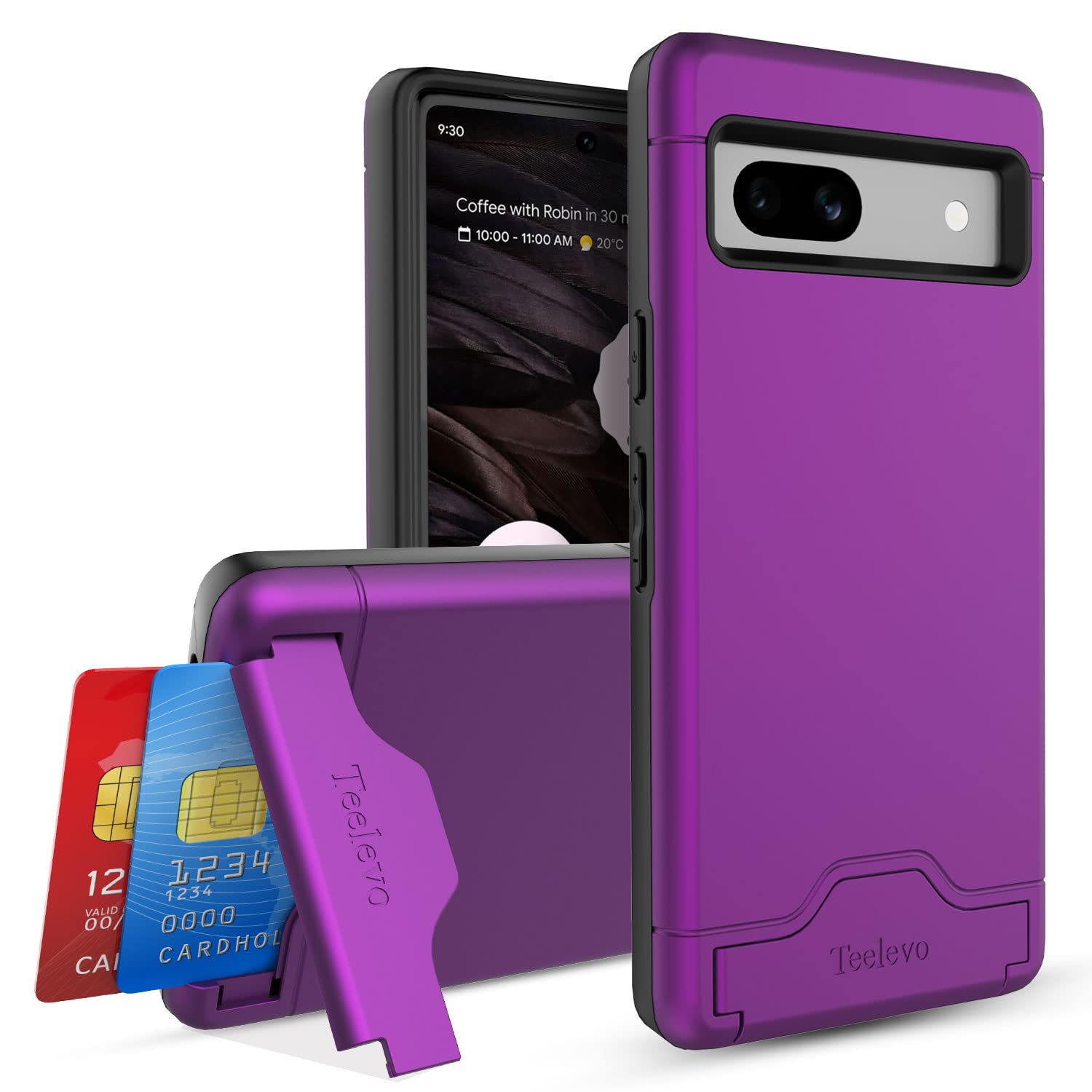 Teelevo Wallet Case for Google Pixel 7a, Dual Layer Case with Card Slot Holder and Kickstand for Google Pixel 7a - Purple