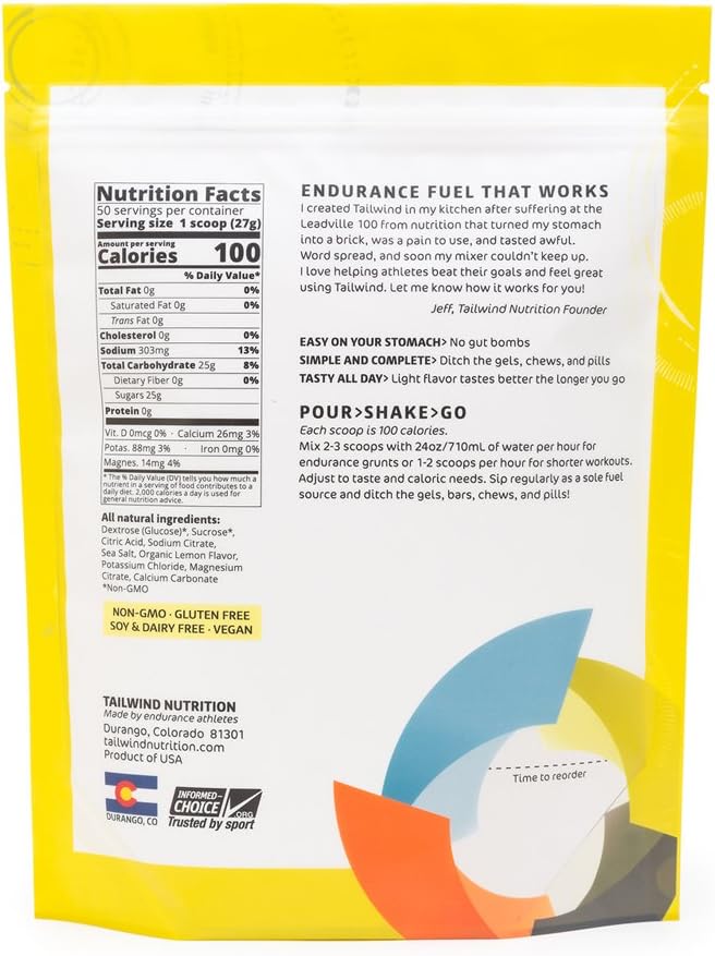 Tailwind Nutrition Lemon Endurance Fuel 50 Serving - Hydration Drink Mix with Electrolytes, Carbohydrates - Non-GMO, Gluten-Free, Vegan, No Soy or Dairy: Health & Personal Care