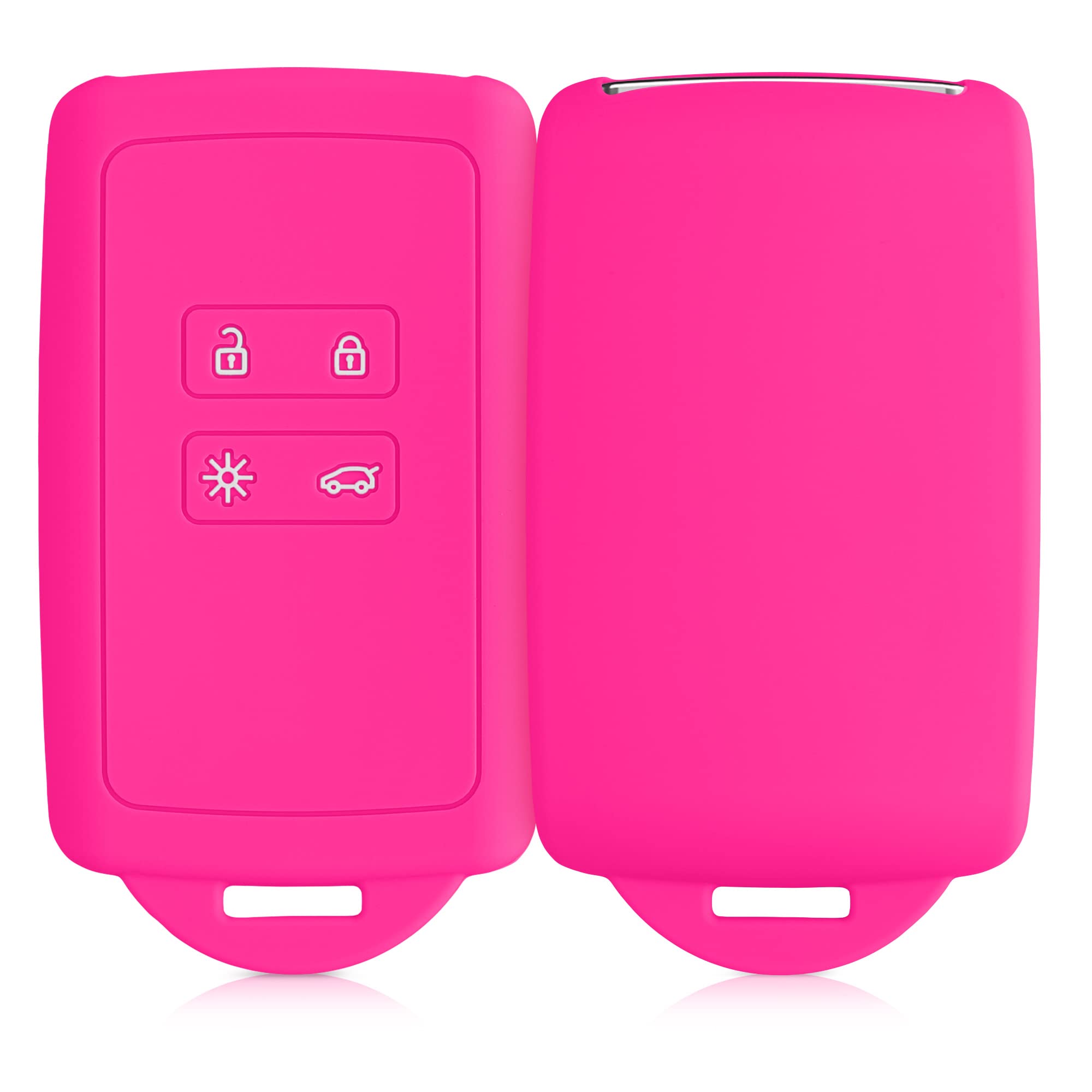 Kwmobile Car Key Cover Compatible With Renault 4 Button Smart Key (Keyless Go) - Silicone Protective Fob Cover With Built-in Eyelet - Neon Pink