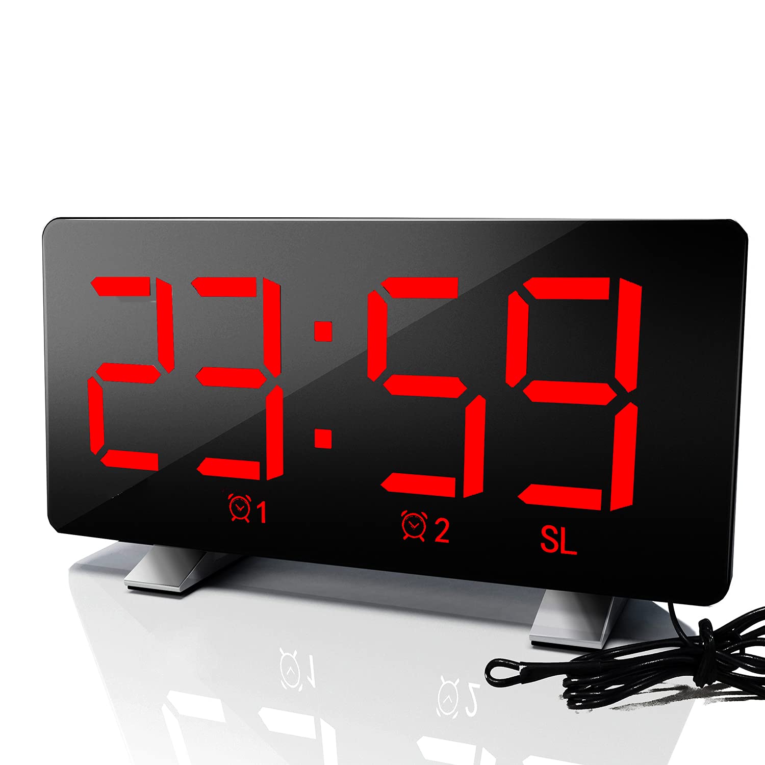 ThreeH Radio Digital Clock with USB Phone Charger 7.3'' LED Curved-Screen Display with Dimmer 2 Alarm Setting Radio Clock for Bedrooms Red