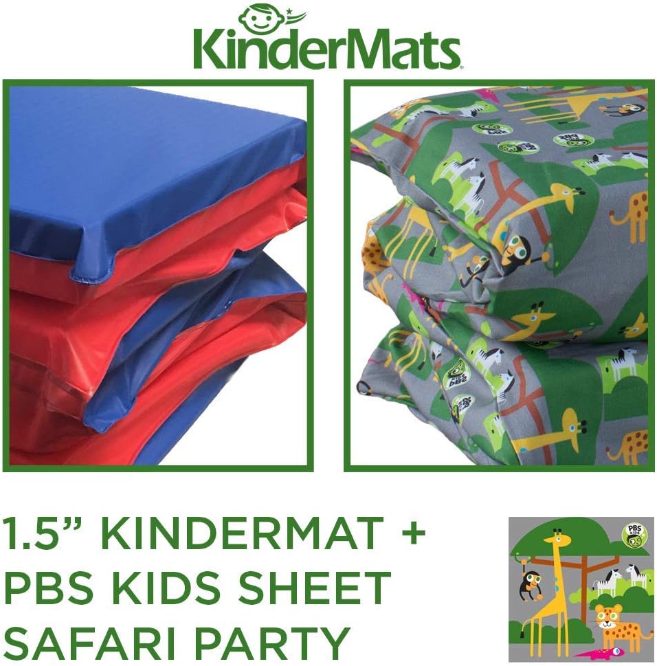 KinderMat 1.5" Thick + PBS Kids KinderBundle - Washable Cover, Special Edition - Safari Party - Regular, Sheet is 47" x 22", Value Bundle Great for Daycare & Family Households,