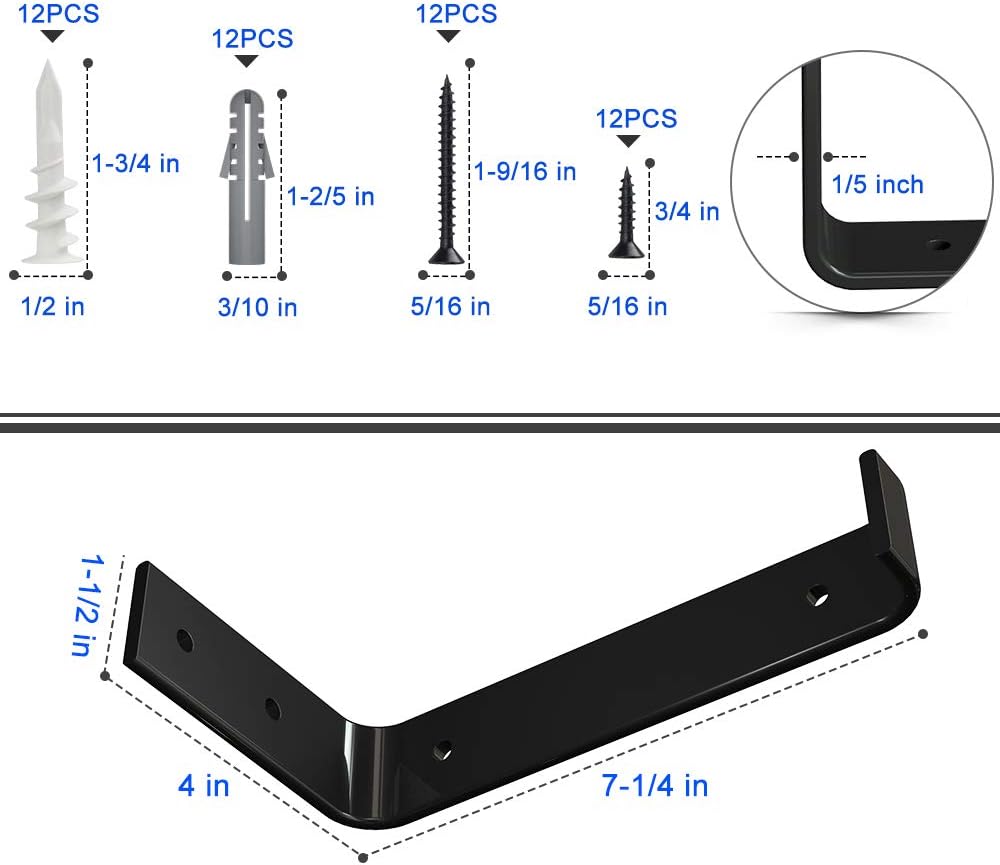 LuckIn Sturdy Shelf Bracket, Fit 8 Inch Standard Board Sold by Homedepot, J Bracket for DIY Rustic Floating Shelf(6 Pack, Black): Home Improvement