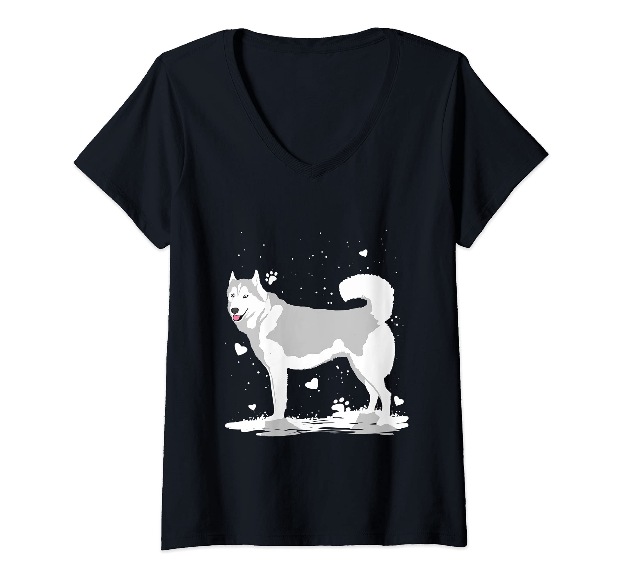 Womens Siberian Husky Dog In Snow V-Neck T-Shirt