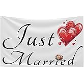 Just Married Flag Banner Outdoor Indoor Decoration Flag 3x5 FT Double Stitched Polyester with Brass Grommets (White)
