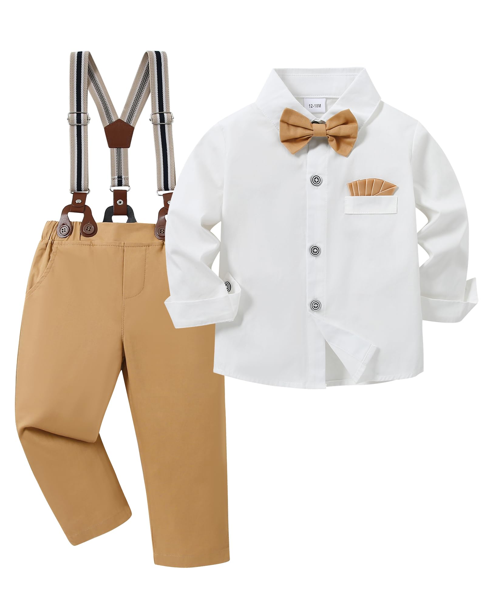 YALLET Toddler Baby Boy Clothes Suit Gentleman Dress Outfits, Wedding Formal Shirt+ Bowtie+ Suspender Pants Set (L Beige A,12-18 Months) Image