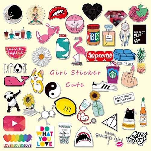 50pcs Water Bottle Stickers, Cute Stickers for Girl, Lovely Trendy Kids/Teen Vinyl Laptop Computer Waterproof Skateboard Luggage Notebook Guitar Travel Case Graffiti Patches Decal
