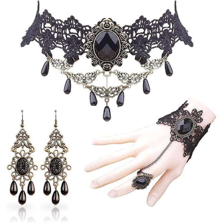 Set Collier Gothique Avec Boucles D'Oreilles - Bijoux Noir Folklorique En Alliage Métallique - Style Médiéval Pour Femmes