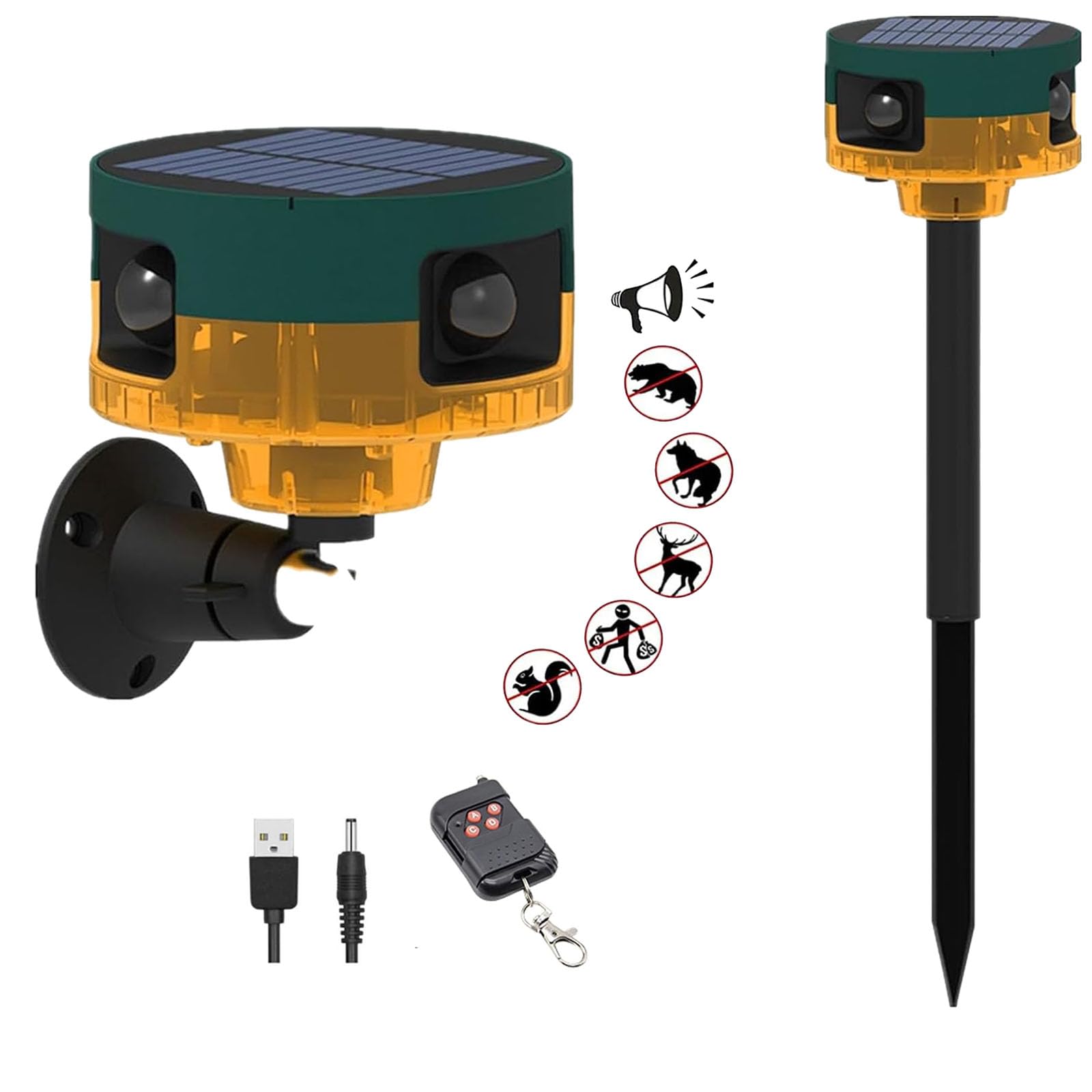 Solar Motion Sensor Alarm with Dog Barking & Gunshot Sound - 130dB Loud Siren, 13 Sound Modes & Strobe Light - USB Rechargeable Security Alarm