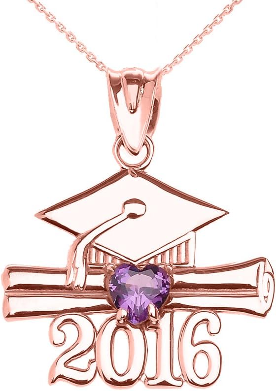 14k Rose Gold Heart February Birthstone Class of 2016 Graduation Pendant Necklace