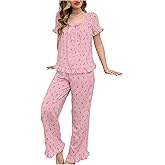 Verdusa Women's 2 Piece Cute Pajama Sets Floral Ruffle Sleeve Bow Square Neck Short Sleeve Top and Pants Pajama Set