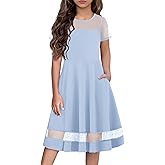 Arshiner Tween Girls Dress Formal Contrast Mesh Short Sleeve A Line Party Dresses with Pockets for 5-12 Years
