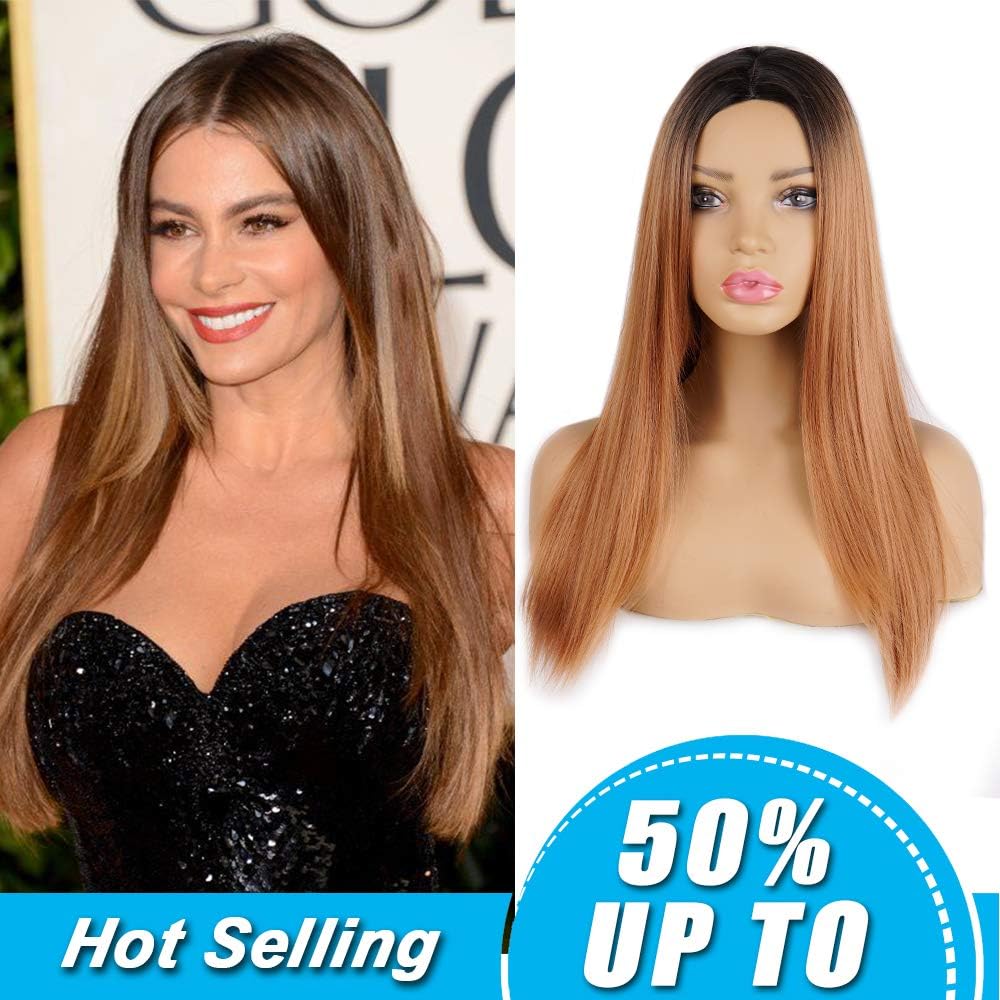 Long Straight Synthetic Hair Wig Andromeda 100% Kanekalon Ombre Dark Root Auburn Brown Color Middle Part Cheap Fiber Hair Wig With 1 Wig Cap (Auburn Brown)