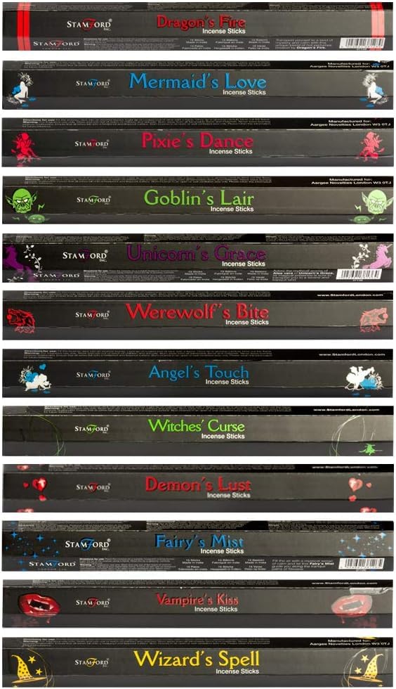 Stamford Fantasy Mythical Incense Sticks – 12 Unique Fragrances (15 Sticks Each) with JRose Burner | Dragon’s Fire, Mermaid’s Love, Unicorn’s Grace & More | Aromatic Home & Meditation Set