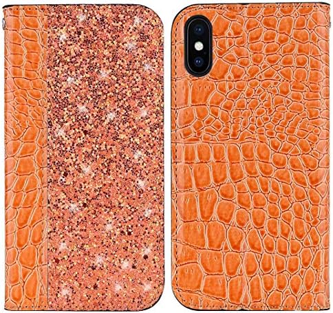 Case for iPhone Xs Max Phone Cover,Orange Leather Wallet Bling Case for iPhone Xs Max,Folio Flip Case with Kickstand,Magnetic Closure,Card Slot,Women Book Case for iPhone Xs Max