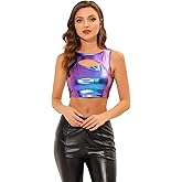 Allegra K Metallic Crop Top for Women's Sleeveless Cut Out Party Clubwear Holographic Tank Tops
