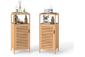 Kinfant Bamboo Bathroom Floor Cabinet Furniture Set of 2 - Free-Standing Storage Cabinet with Single Door and Shelf