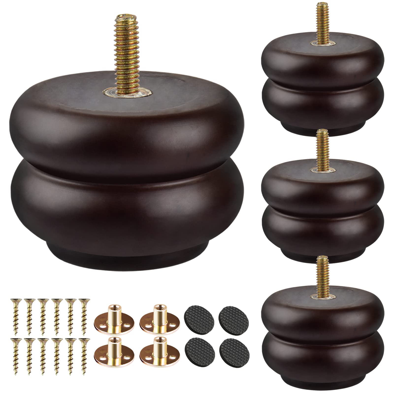 TCHOSUZ 3 inch / 7cm Wooden Furniture Legs, Pack of 4 Classic Walnut Solid Wood Turned DIY Replacement Bun Feet with M8 Hanger Bolts & T-Nuts for Sofa Couch Cabinet Ottoman Bed Riser