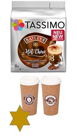 Tassimo Baileys Hot Choco, 1er Pack Kakaospezialität T Discs (1 x 8 Getränke) plus 2 Coffee to go Becher Thermo, wiederversch