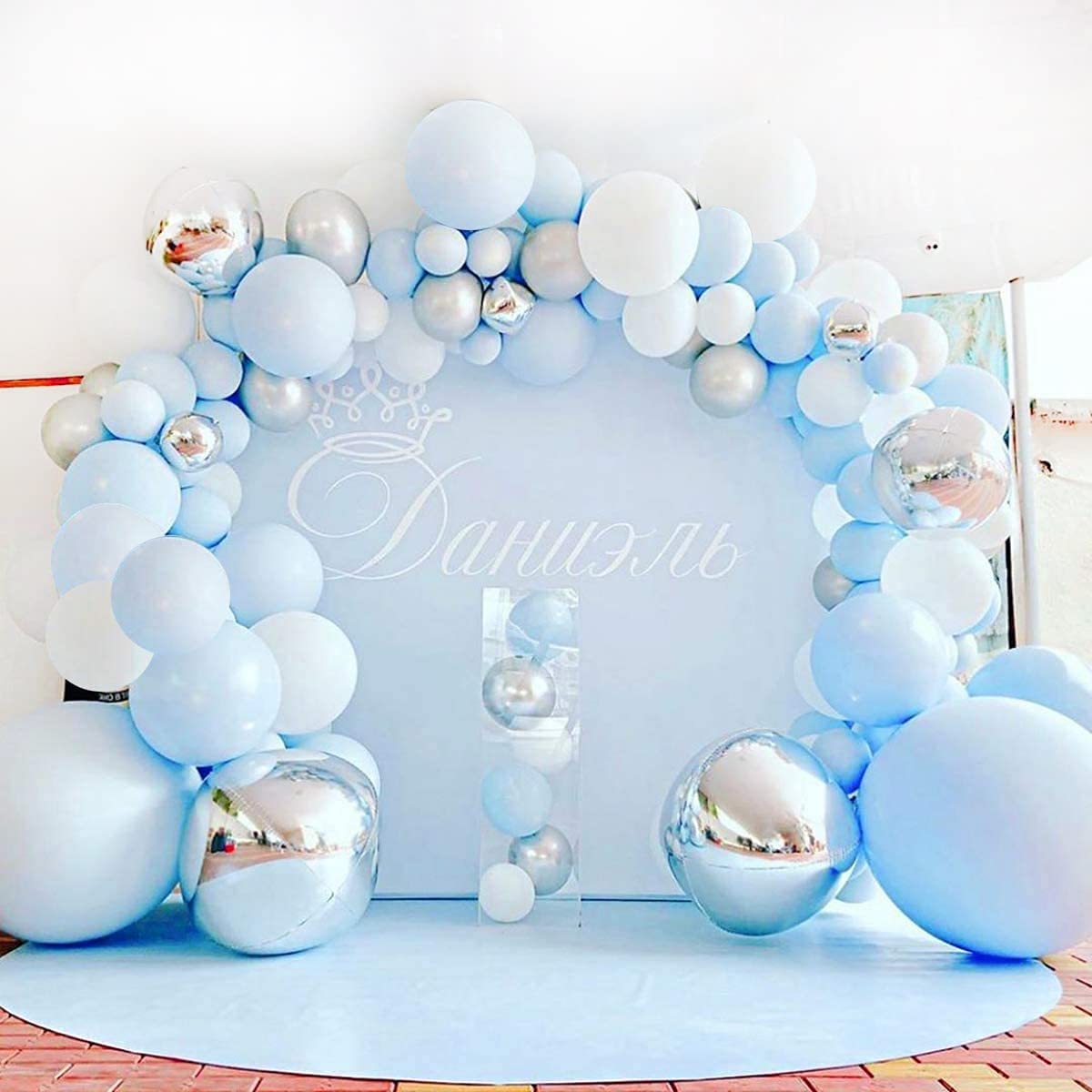 QIFU Blue Balloon Arch Kit - 119pcs Baby Blue and White Balloon Arch with White Silver Balloons, White Blue Latex Balloons for Party Birthday Decorations Wedding Christening Baby Shower Anniversary
