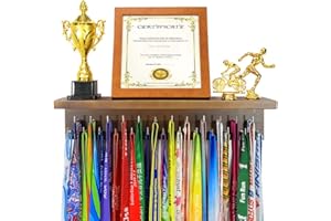 Qktxktzy Medal Hanger Trophy Shelf Display Sport Awards. Sturdy Medal Holders for Gymnastics Basketball Soccer Honors Wall Mount Rack, Perfect All-in-1 Wood Shelf by 25 Pcs Steel Hooks.