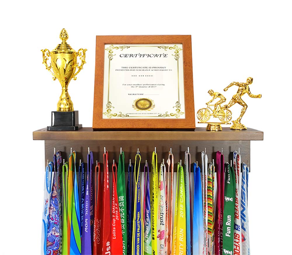 Qktxktzy Premium Wooden Medal Hangers with 16" Trophy Shelves Organize Medals, Awards, Ribbons & Trophies. Perfect All-in-1 Shelf with 25 Pcs Steel Hooks. Wall Mount Medal Holder for Sport Lover Gift