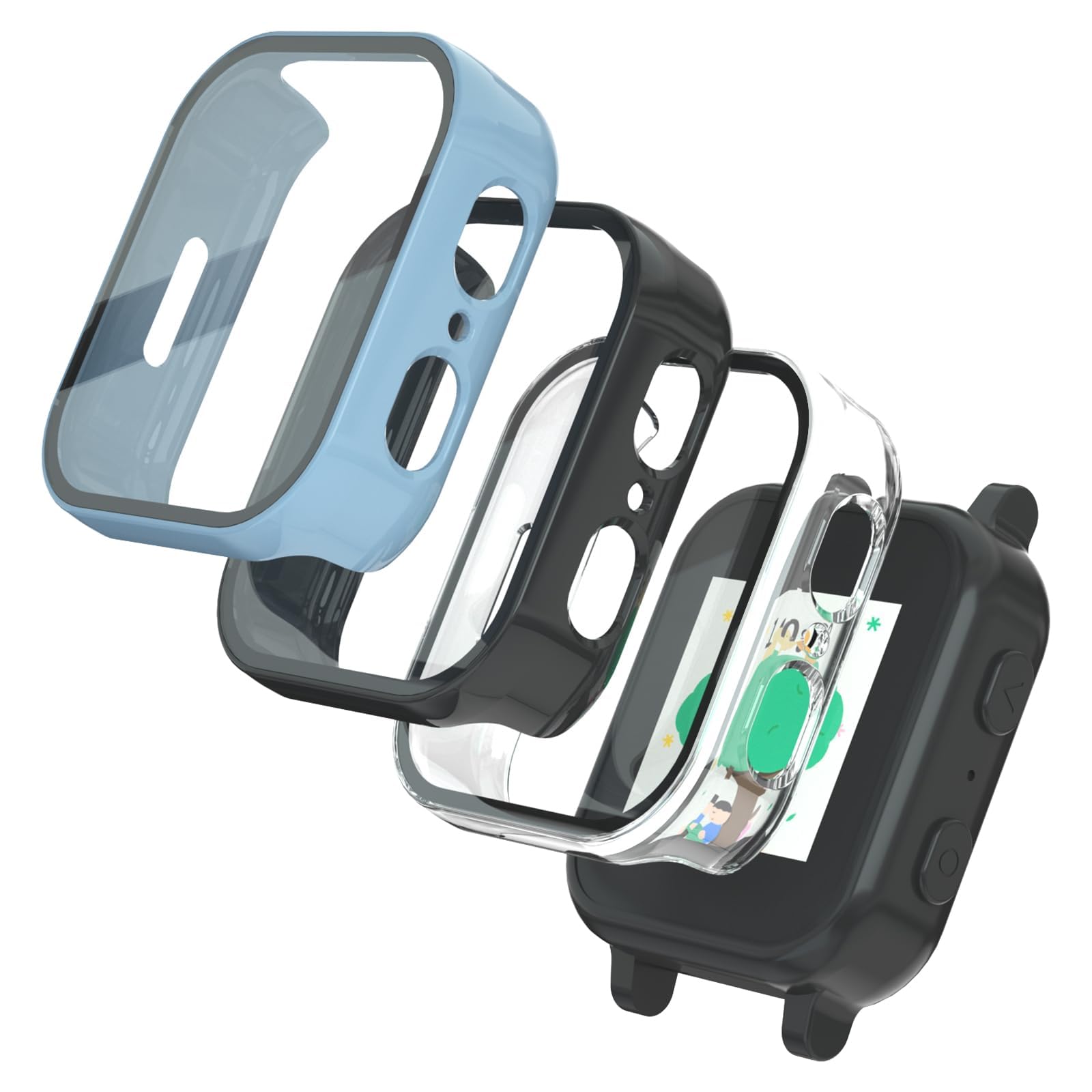 SimpleThings Compatible with Gabb Watch 3 Screen Protector, 3Pack HD Clear Tempered Glass Screen Protector & Hard PC Protective Bumper for Boys Girls (Black+Blue+Clear)