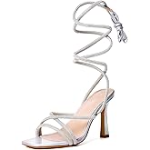 Mostrin Womens Sandals Strappy Heels for Women Lace Up Square Open Toe Heels Tie Up High Heeled Sandals for Prom, Party, Daily Wear