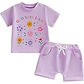 Fernvia Toddler Baby Girl Summer Clothes Floral Letters Print Short Sleeve T-Shirt Tops Solid Shorts Outfit Set