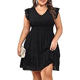 Talisea Women's Plus Size Summer Dress - Casual V-Neck Flutter Sleeves A-Line Short Sun Dress with Pockets for Beach Vacation