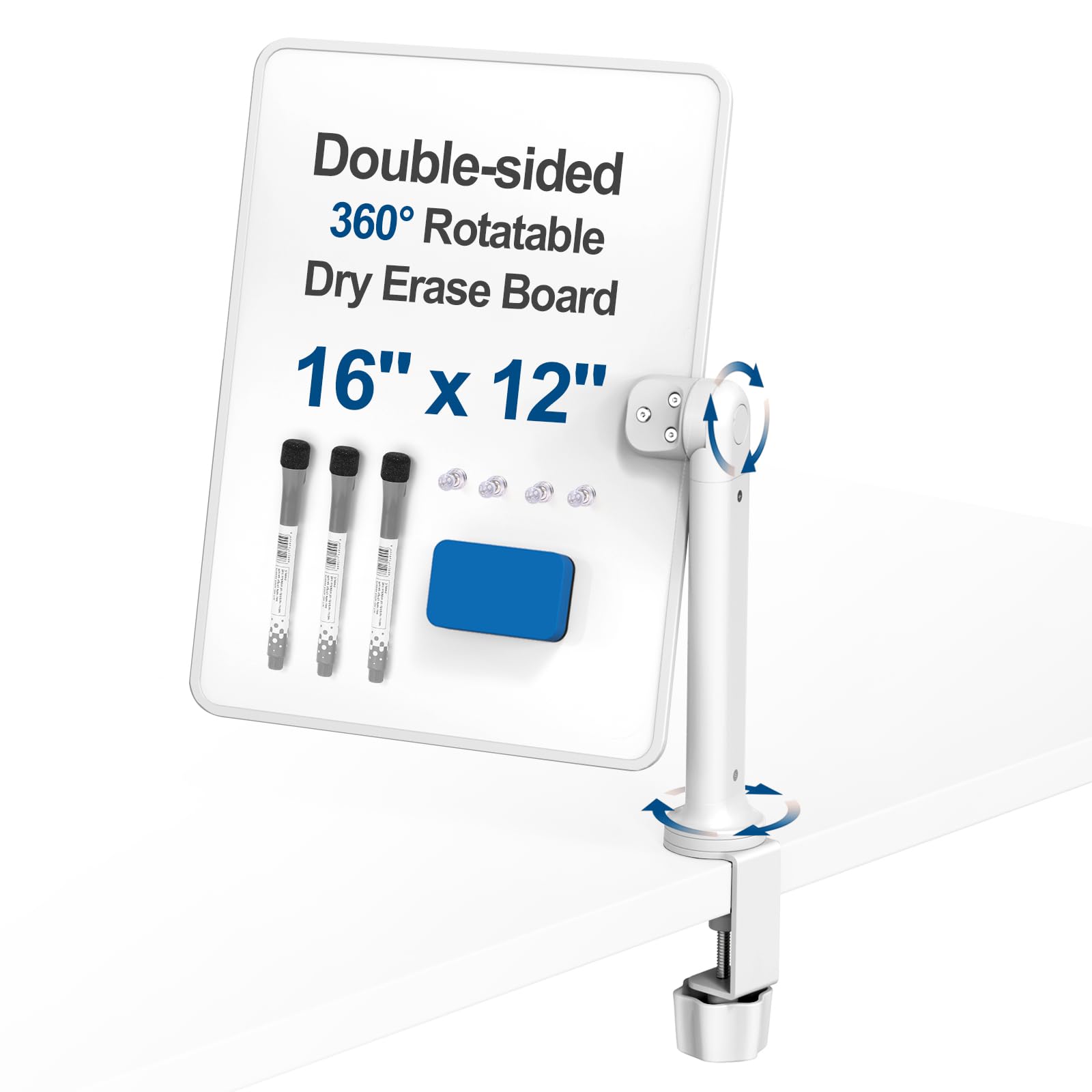 Photo 1 of Double-Sided Desk Whiteboard with Dual 360° Swivel - 16" x 12" Clamp-On Desktop Whiteboard for Tables Under 2.3" Thick for Office, Home, School