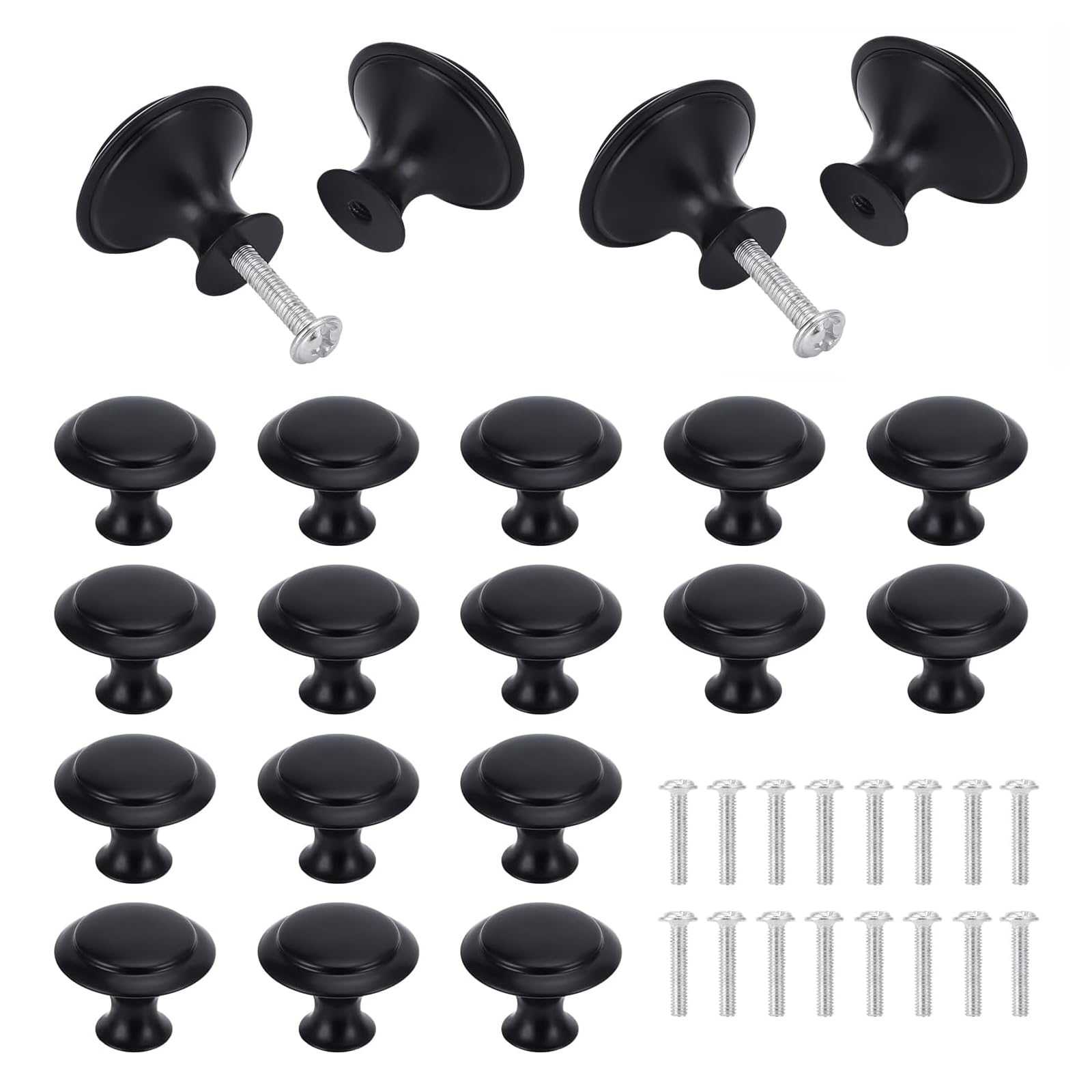 Matted Black Cabinet Knobs Set, 16Pcs Black Cupboard Knobs, Single Hole Round Drawer Pull Handle, 30mm Round Mushroom Drawer Knobs with 16Pcs Matching Screws for Kitchen, Furniture, Wardrobes