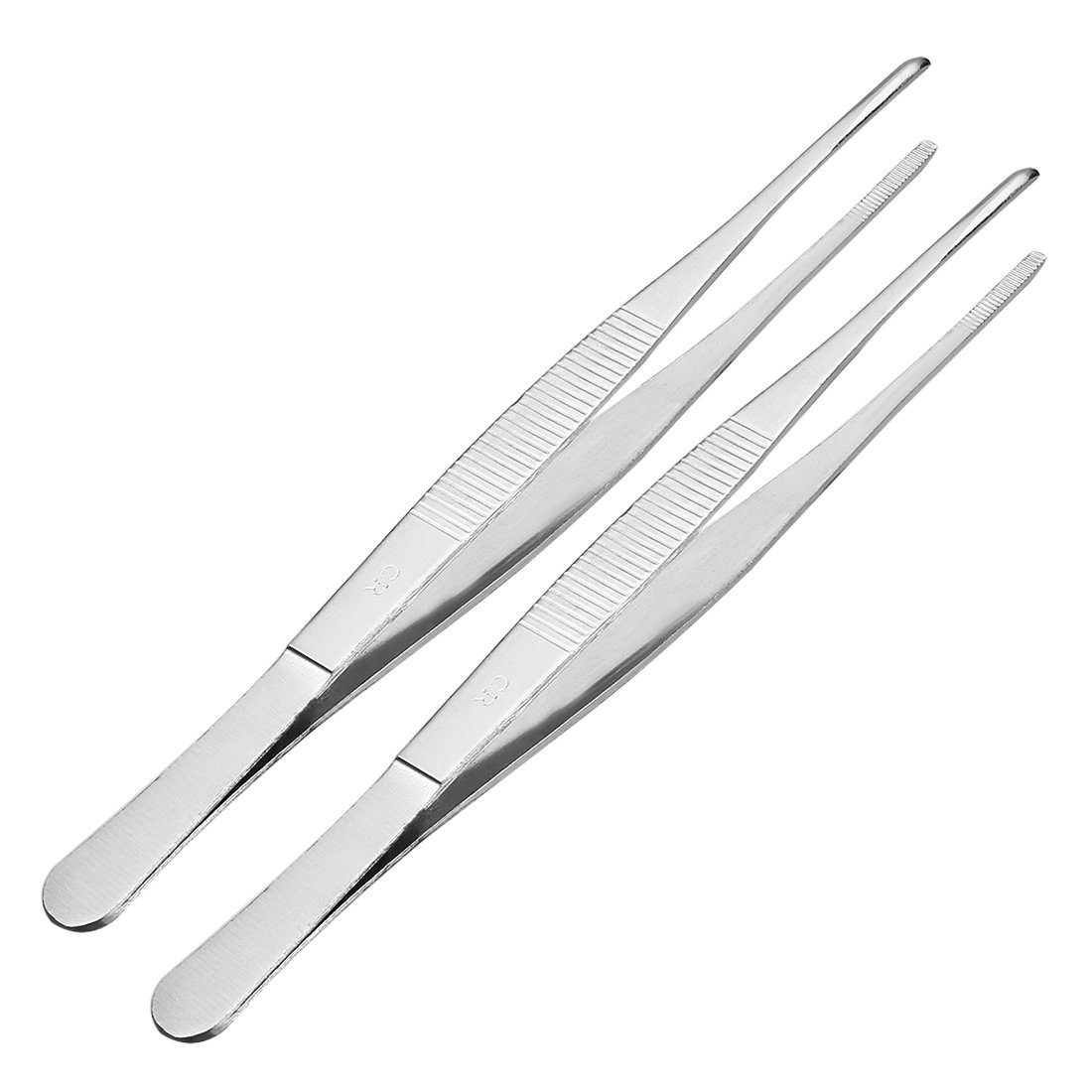 Sourcingmap 2 Pcs 8-Inch Stainless Steel Straight Blunt Tweezers with Serrated Tip Daily Garden Tool