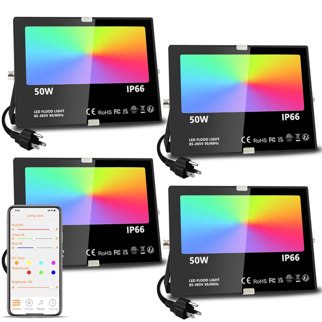Photo 1 of MELPO LED Flood Light Outdoor, 500W Equivalent 5000LM Smart RGB Landscape Lighting with APP Control, DIY Scenes - Timing - Warm White 2700K - Color Changing Uplight, IP66 Waterproof US Plug (4 Pack)